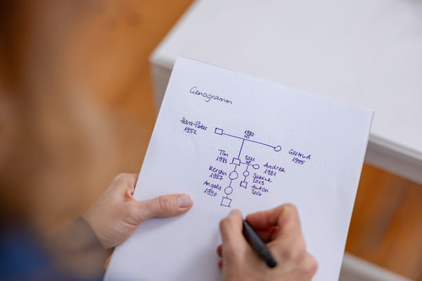 Mirja Schäffler-Hentschel Coaching-Methoden – Hand hält einen Stift und zeichnet ein Genogramm bzw. Familienschema auf ein Blatt Papier während einer Coaching- oder Reflexionssituation.